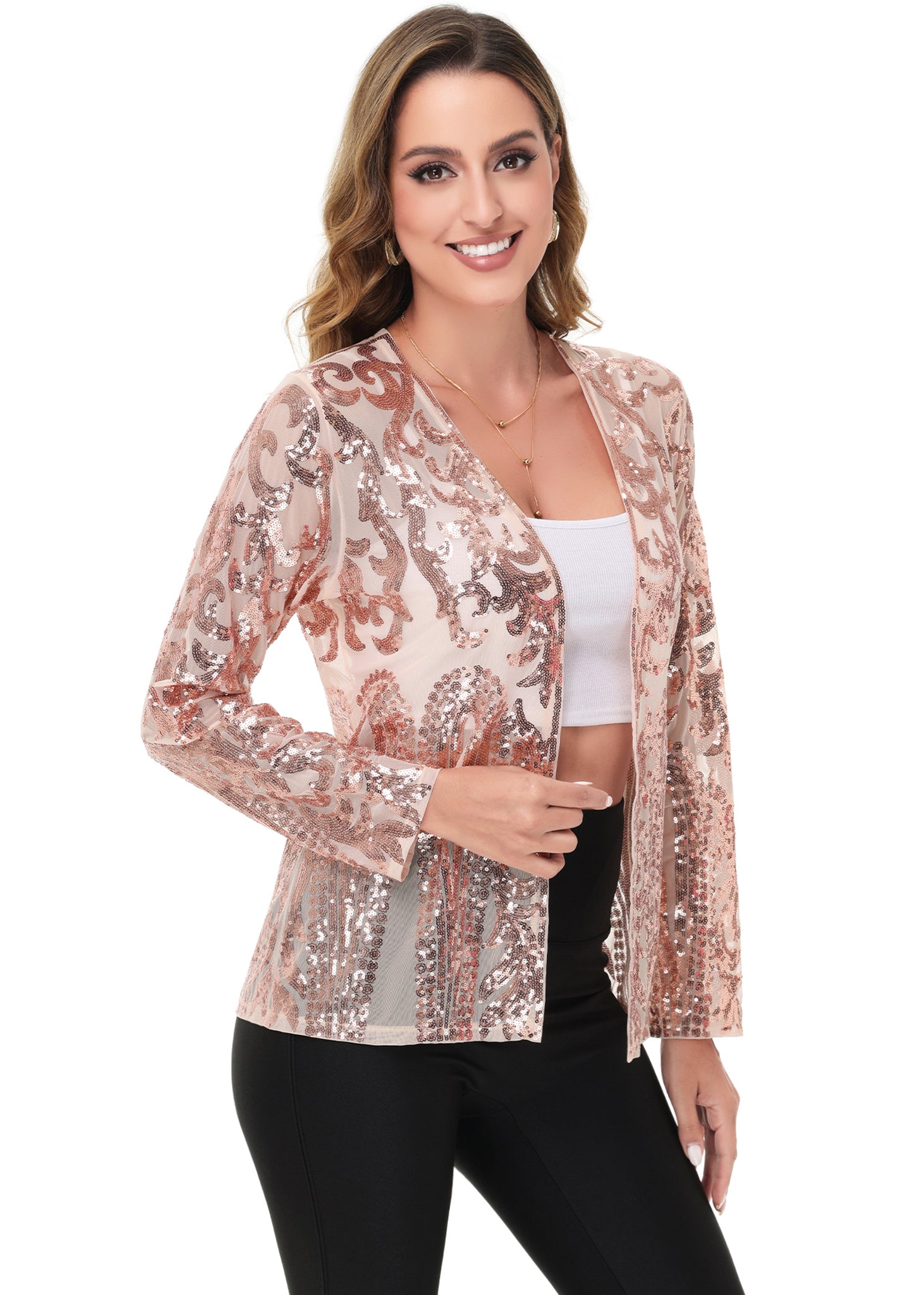 Anna-Kaci Womens Sparkly Sequin Cardigan Long Sleeve Open Front Glitter Party Evening Jacket