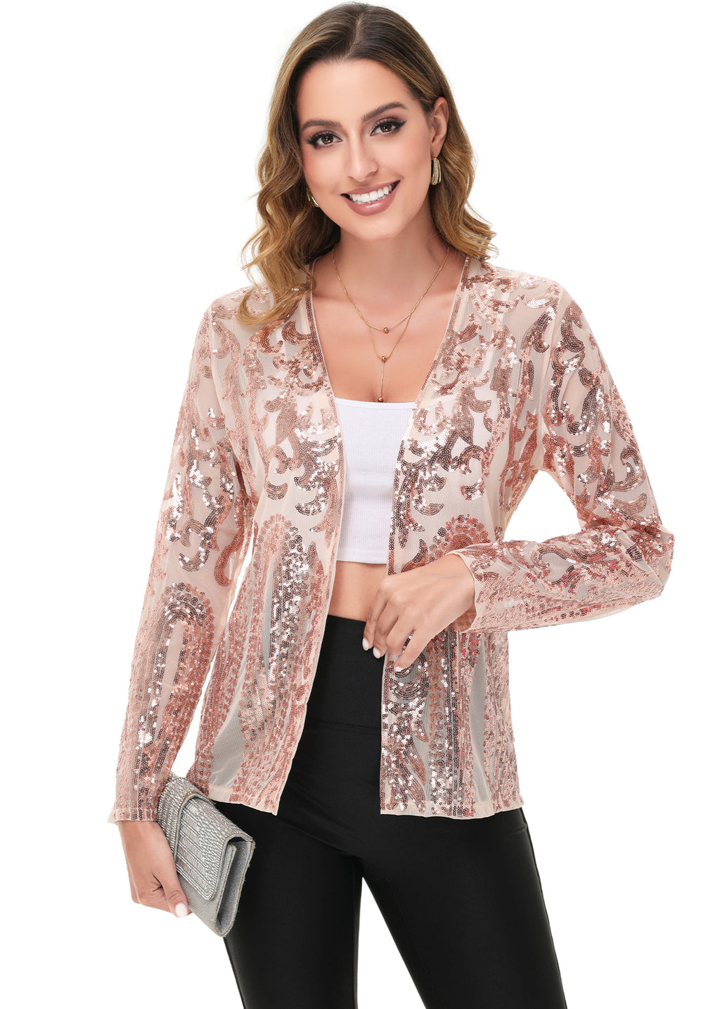 Anna-Kaci Womens Sparkly Sequin Cardigan Long Sleeve Open Front Glitter Party Evening Jacket