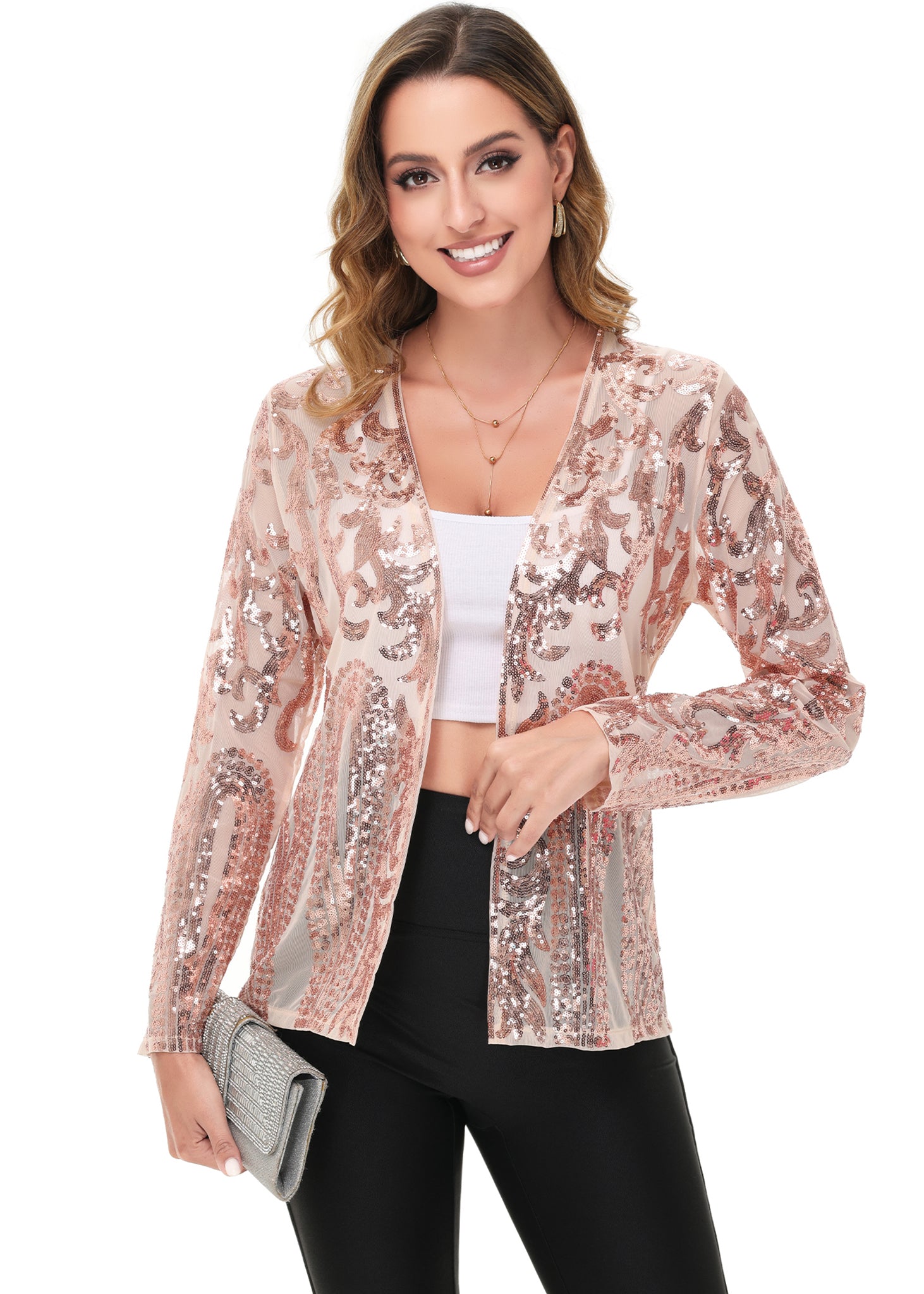Anna-Kaci Womens Sparkly Sequin Cardigan Long Sleeve Open Front Glitter Party Evening Jacket