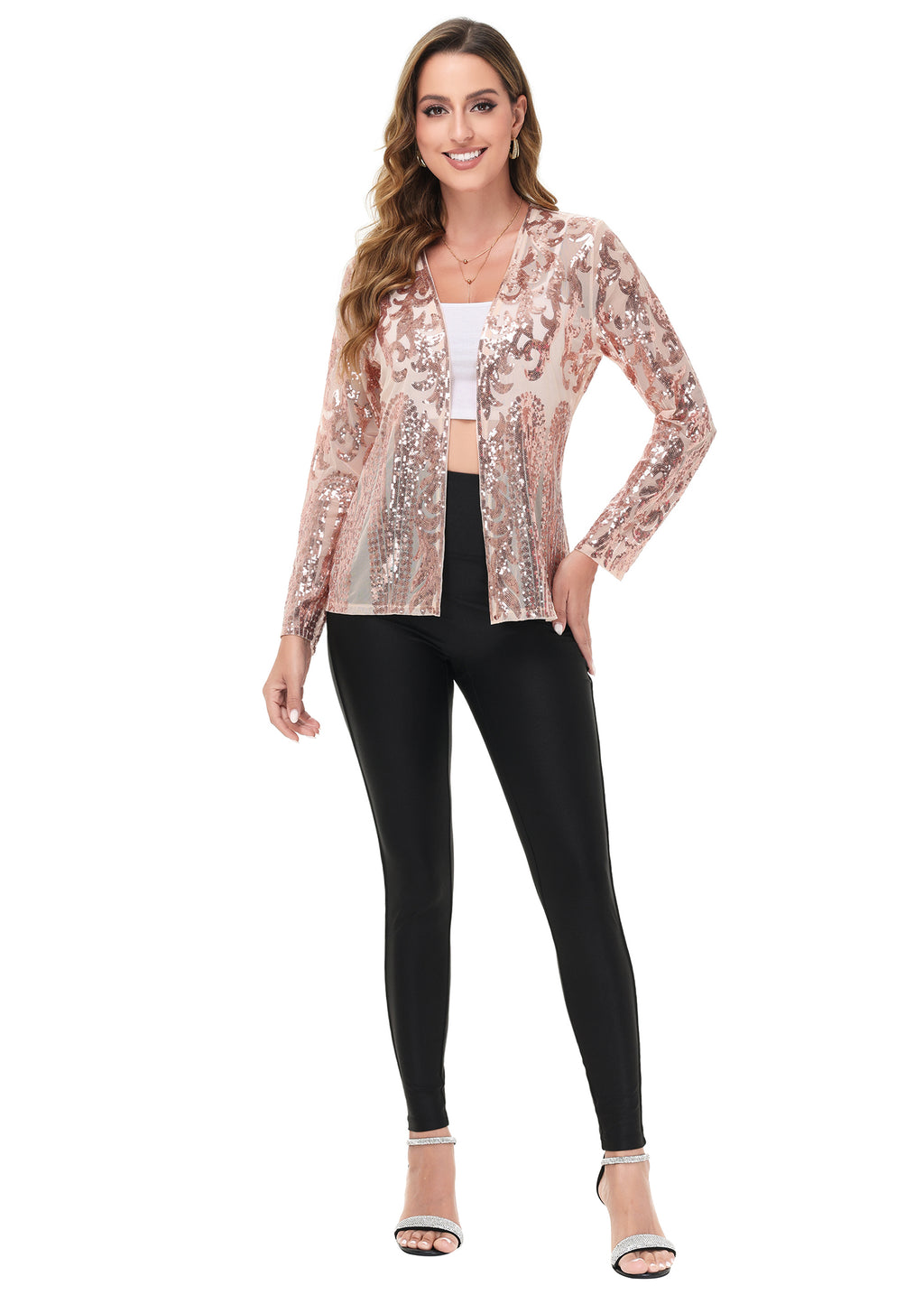 Anna-Kaci Womens Sparkly Sequin Cardigan Long Sleeve Open Front Glitter Party Evening Jacket