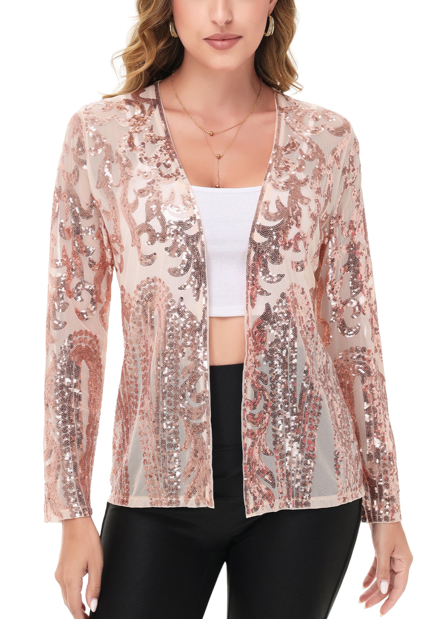 Anna-Kaci Womens Sparkly Sequin Cardigan Long Sleeve Open Front Glitter Party Evening Jacket