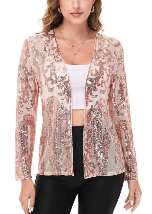 Anna-Kaci Womens Sparkly Sequin Cardigan Long Sleeve Open Front Glitter Party Evening Jacket