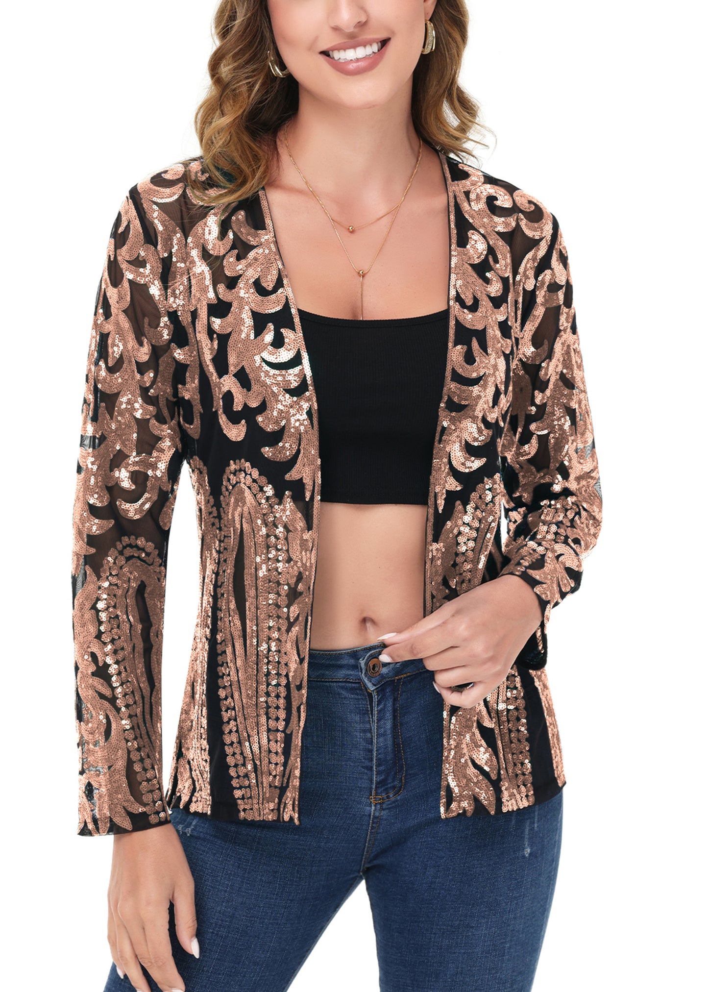 Anna-Kaci Womens Sparkly Sequin Cardigan Long Sleeve Open Front Glitter Party Evening Jacket