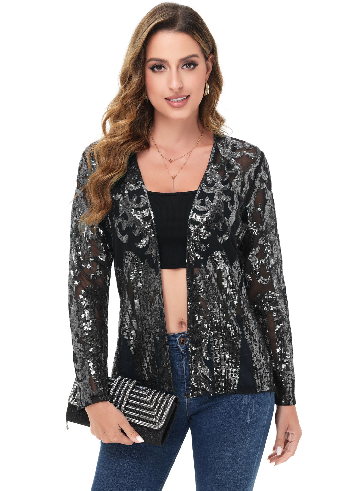 Anna-Kaci Womens Sparkly Sequin Cardigan Long Sleeve Open Front Glitter Party Evening Jacket