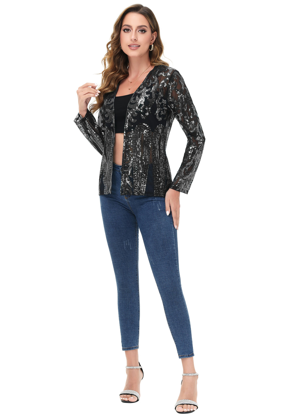 Anna-Kaci Womens Sparkly Sequin Cardigan Long Sleeve Open Front Glitter Party Evening Jacket