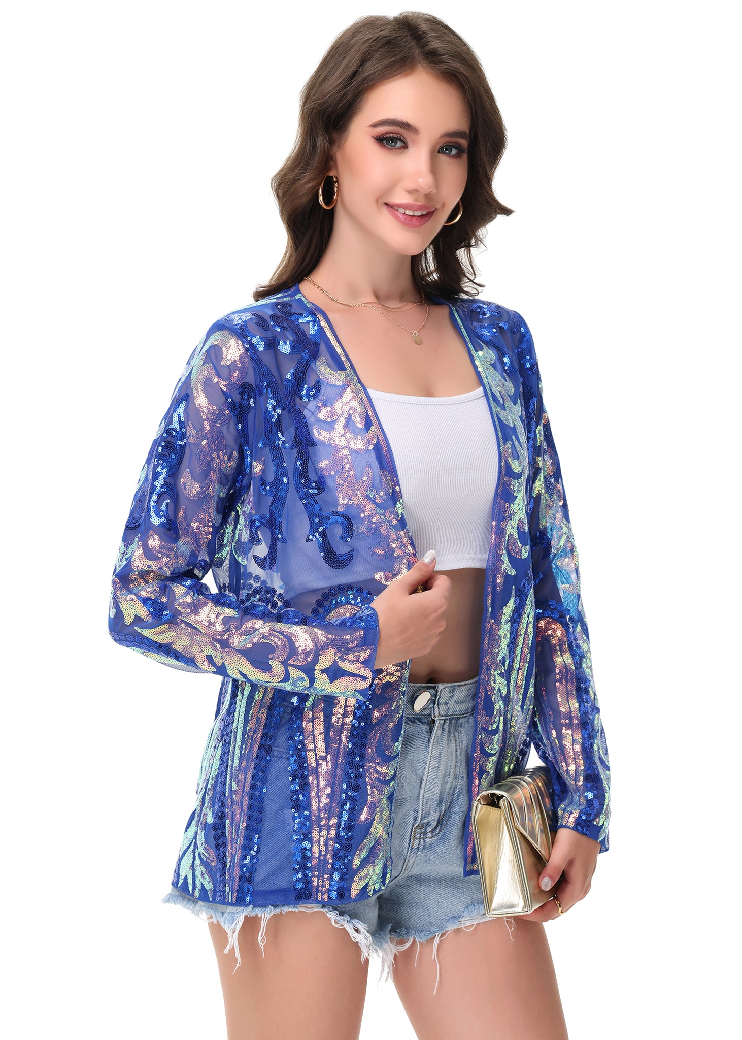 Anna-Kaci Womens Sparkly Sequin Cardigan Long Sleeve Open Front Glitter Party Evening Jacket