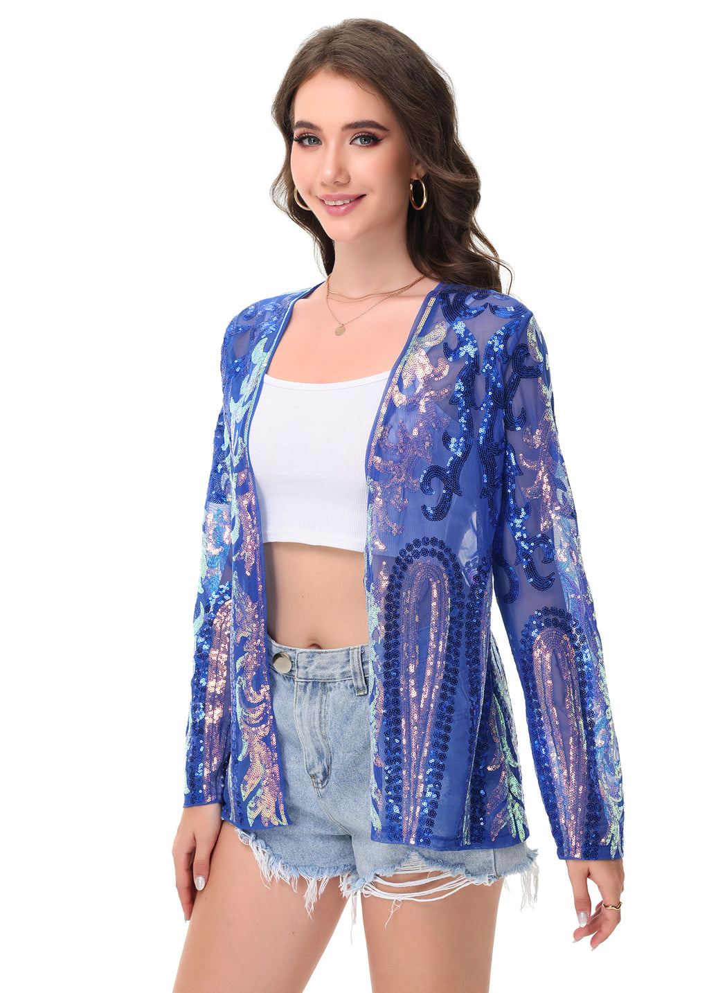 Anna-Kaci Womens Sparkly Sequin Cardigan Long Sleeve Open Front Glitter Party Evening Jacket