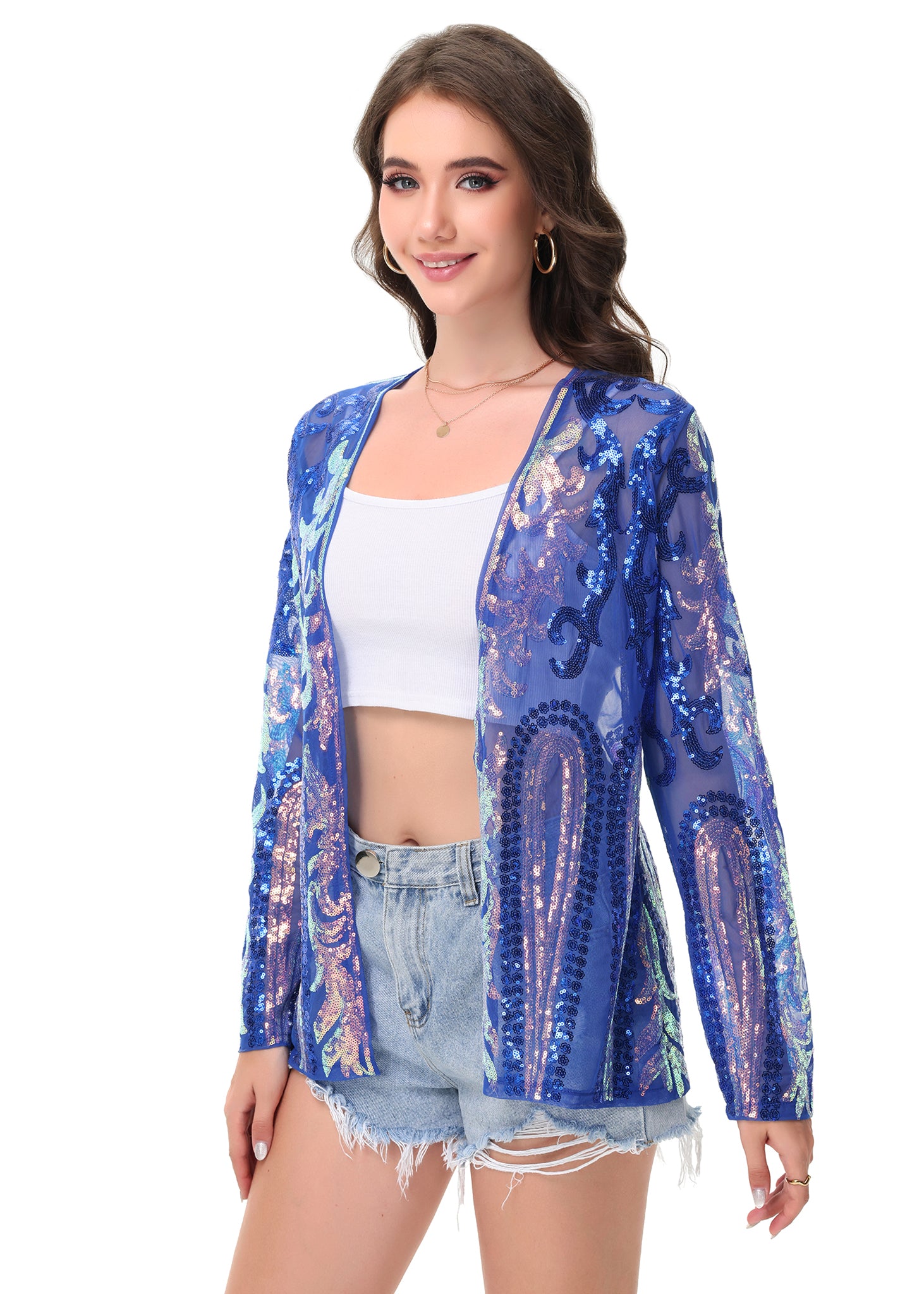 Anna-Kaci Womens Sparkly Sequin Cardigan Long Sleeve Open Front Glitter Party Evening Jacket