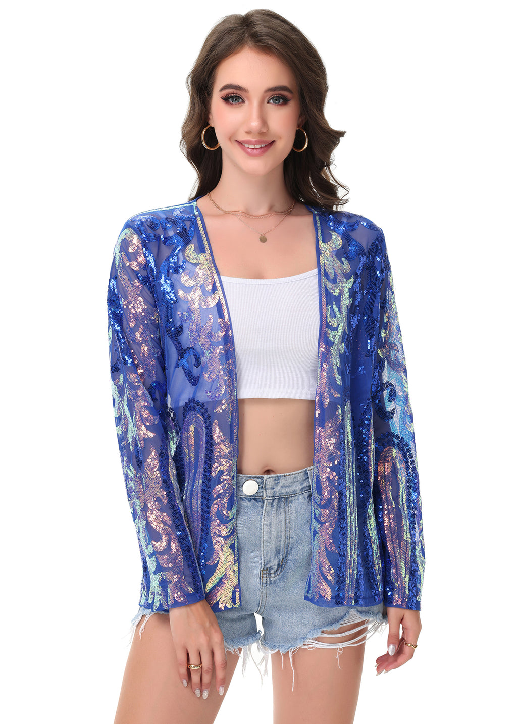 Anna-Kaci Womens Sparkly Sequin Cardigan Long Sleeve Open Front Glitter Party Evening Jacket