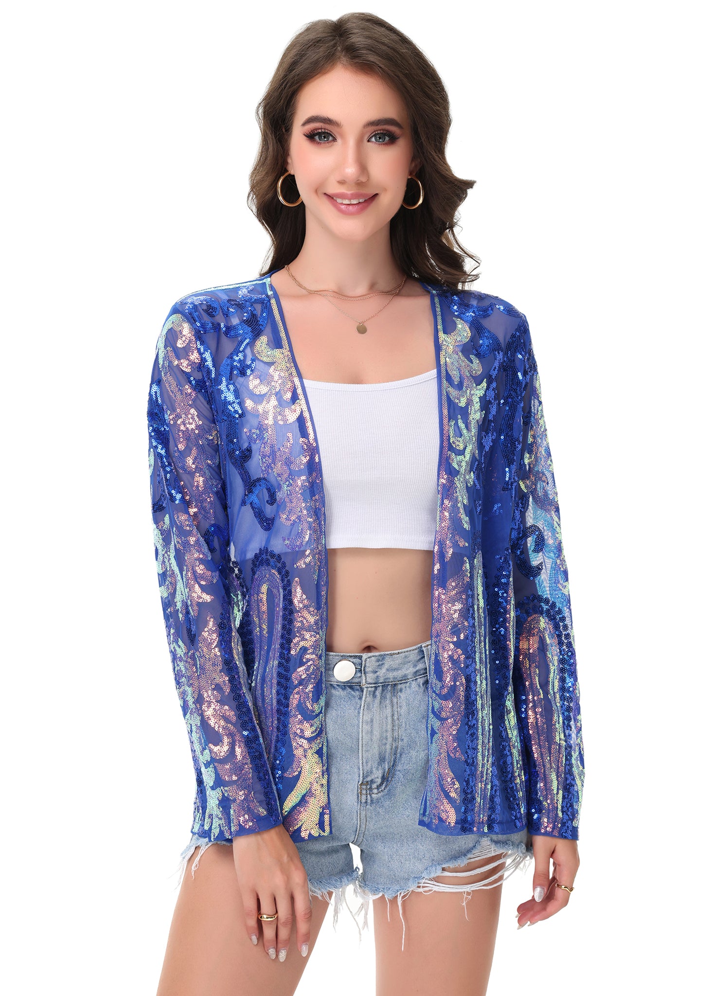 Anna-Kaci Womens Sparkly Sequin Cardigan Long Sleeve Open Front Glitter Party Evening Jacket