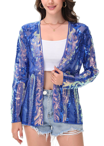 Anna-Kaci Womens Sparkly Sequin Cardigan Long Sleeve Open Front Glitter Party Evening Jacket