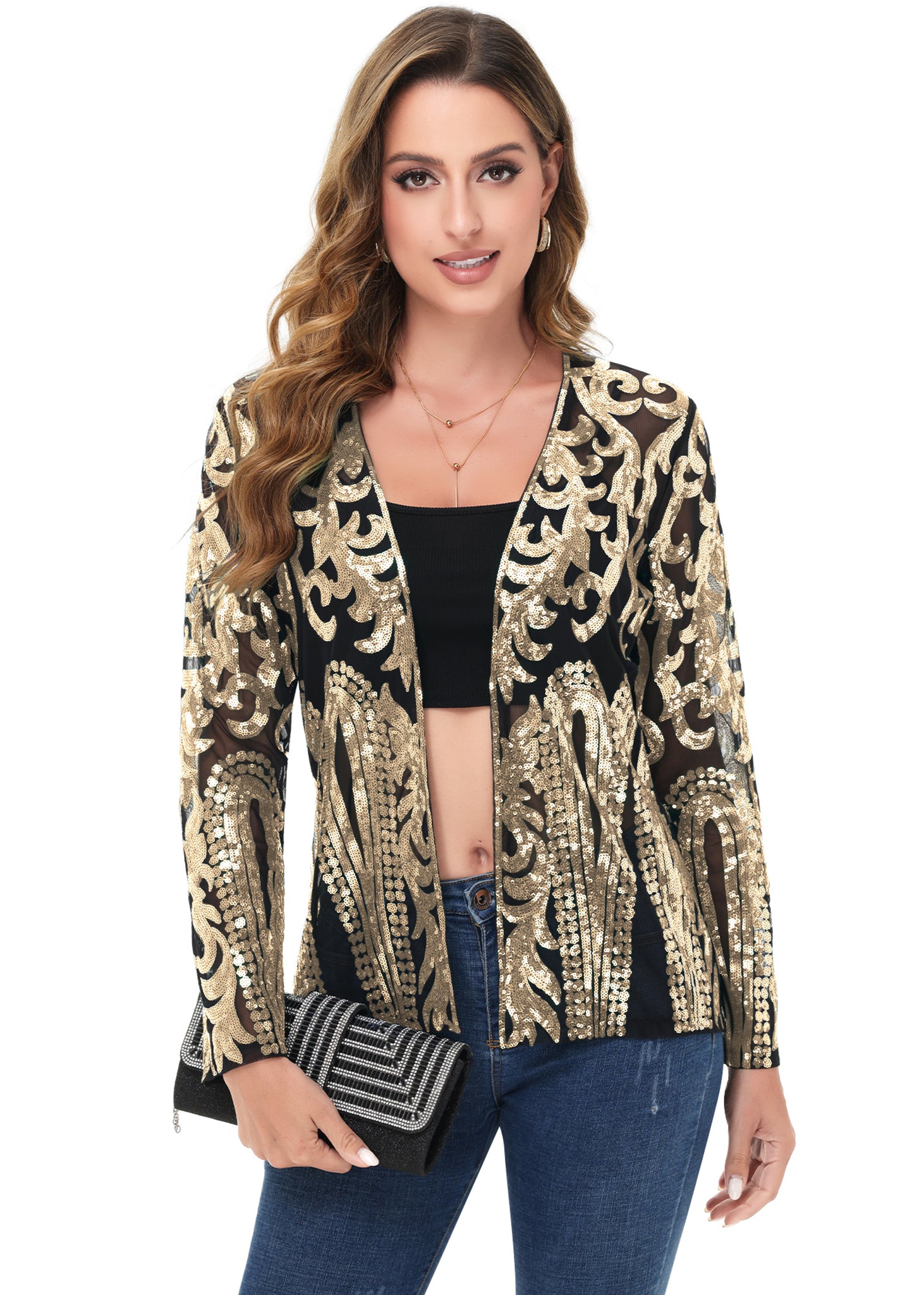 Anna-Kaci Womens Sparkly Sequin Cardigan Long Sleeve Open Front Glitter Party Evening Jacket