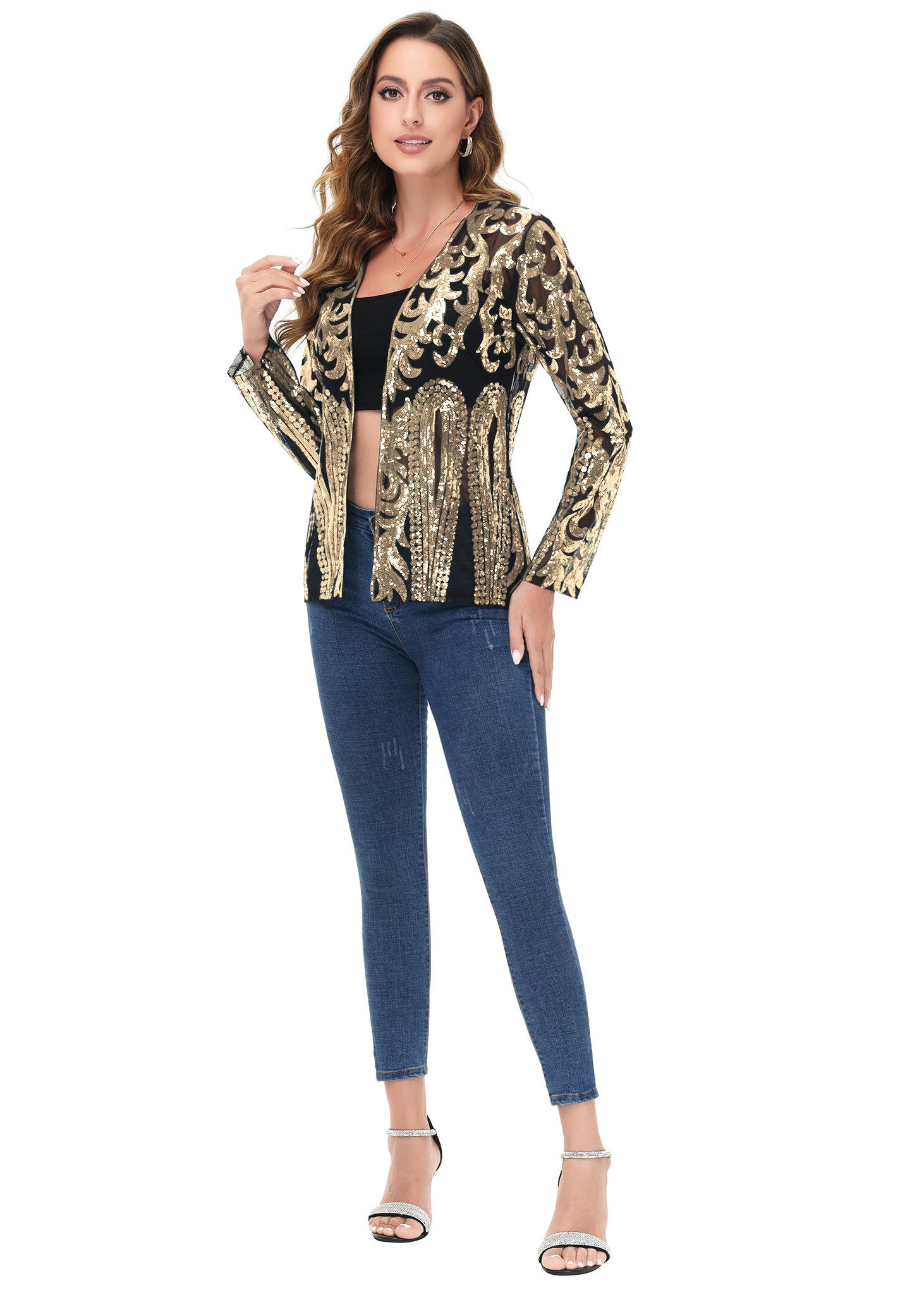 Anna-Kaci Womens Sparkly Sequin Cardigan Long Sleeve Open Front Glitter Party Evening Jacket