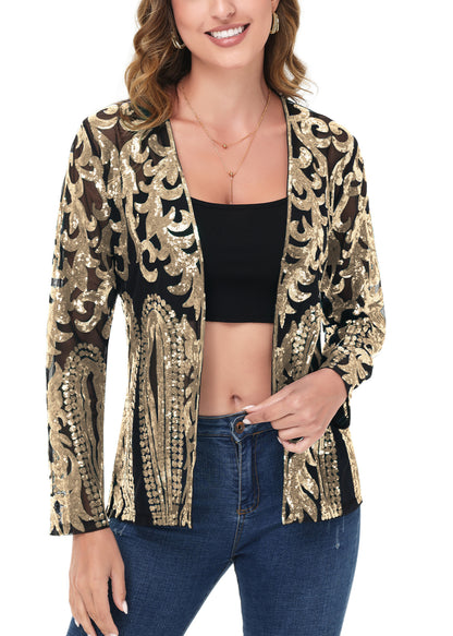 Anna-Kaci Womens Sparkly Sequin Cardigan Long Sleeve Open Front Glitter Party Evening Jacket