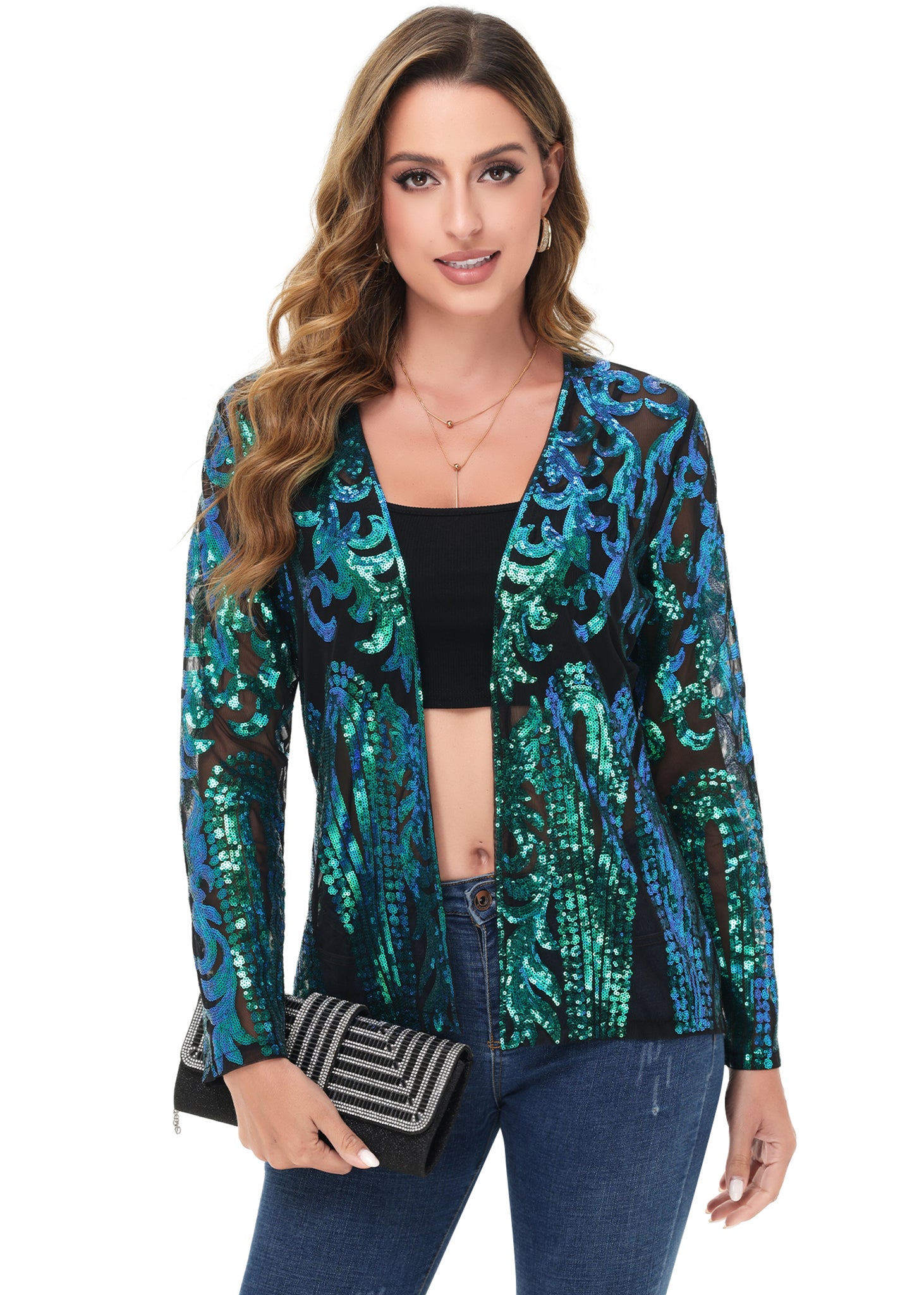 Anna-Kaci Womens Sparkly Sequin Cardigan Long Sleeve Open Front Glitter Party Evening Jacket