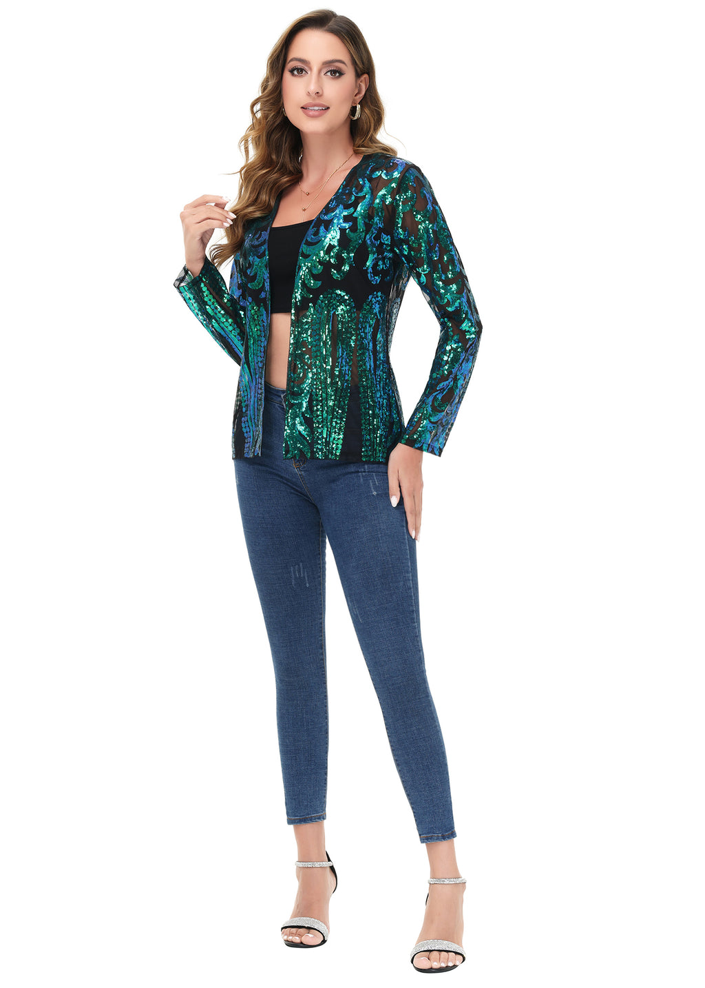 Anna-Kaci Womens Sparkly Sequin Cardigan Long Sleeve Open Front Glitter Party Evening Jacket