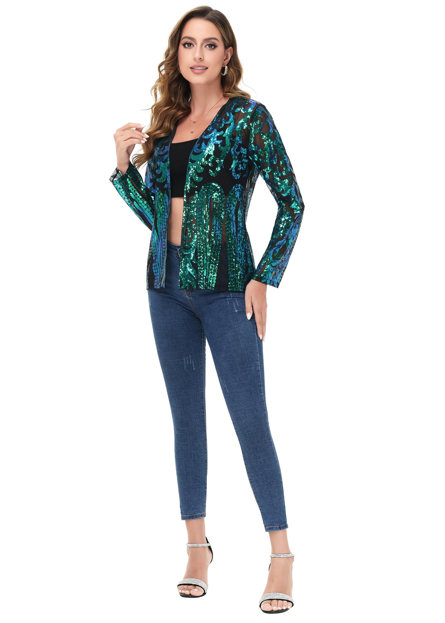 Anna-Kaci Womens Sparkly Sequin Cardigan Long Sleeve Open Front Glitter Party Evening Jacket