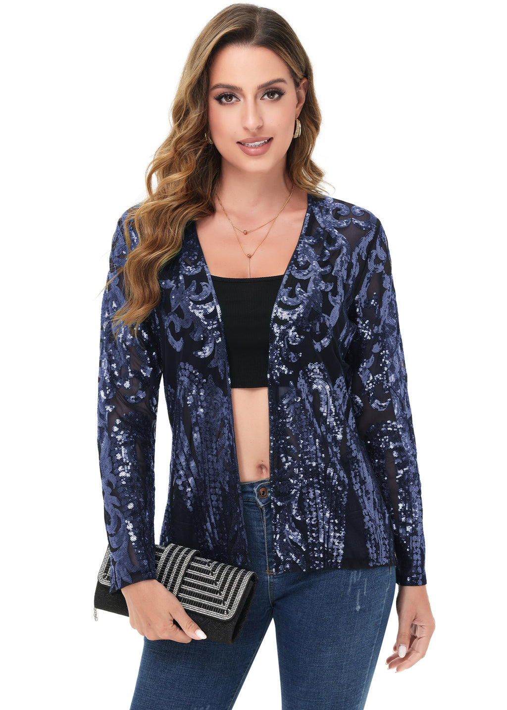 Anna-Kaci Womens Sparkly Sequin Cardigan Long Sleeve Open Front Glitter Party Evening Jacket