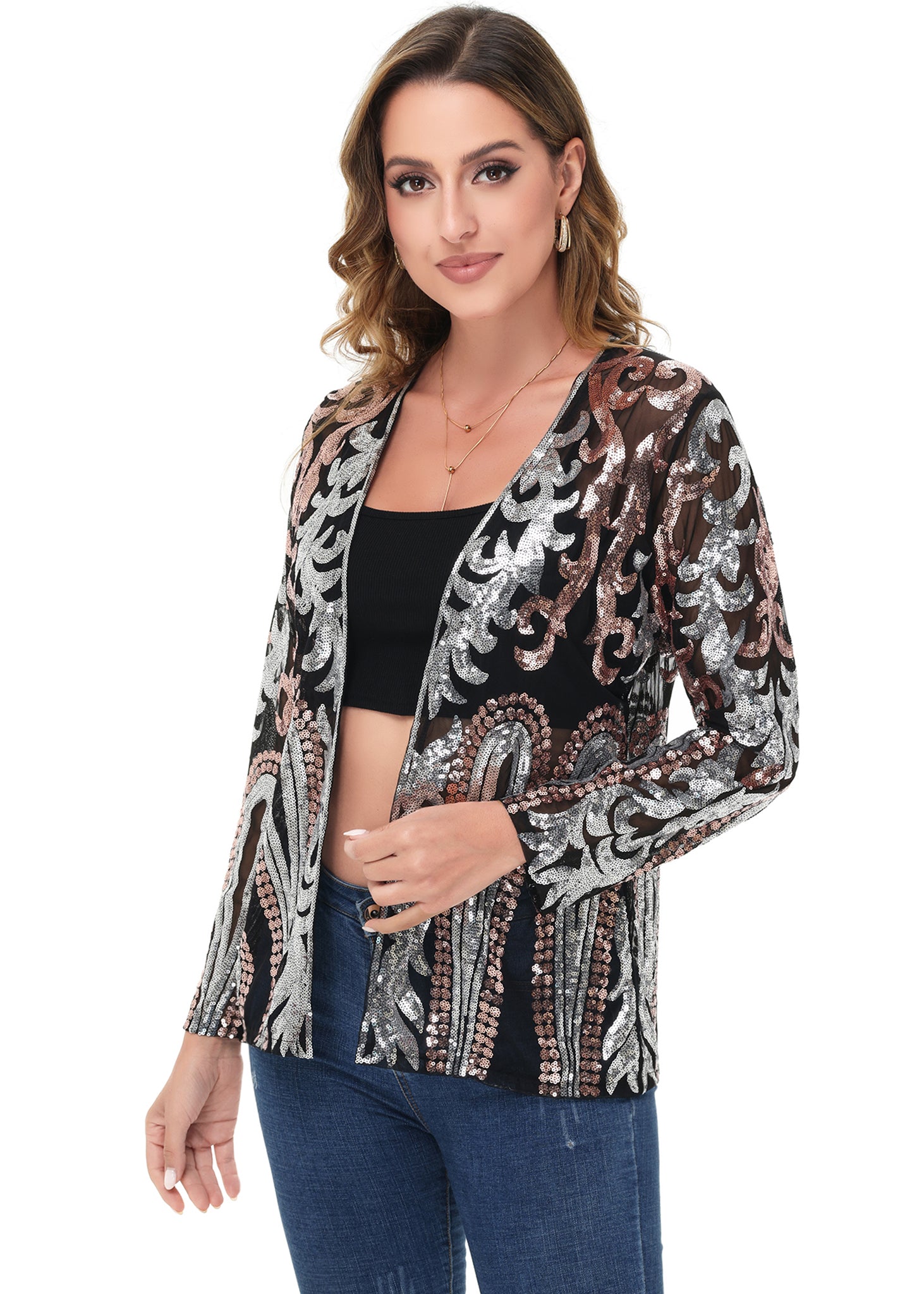 Anna-Kaci Womens Sparkly Sequin Cardigan Long Sleeve Open Front Glitter Party Evening Jacket