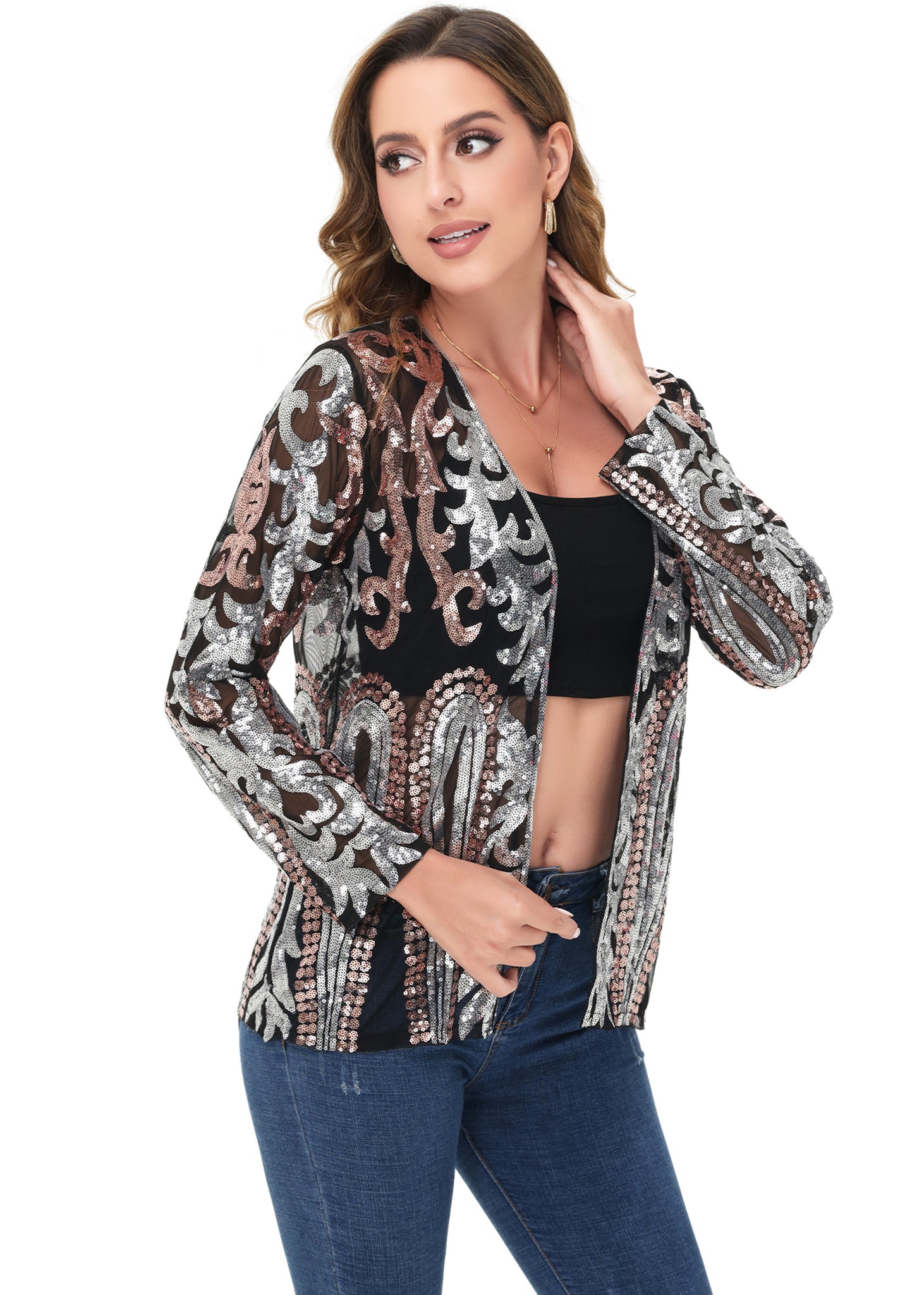 Anna-Kaci Womens Sparkly Sequin Cardigan Long Sleeve Open Front Glitter Party Evening Jacket