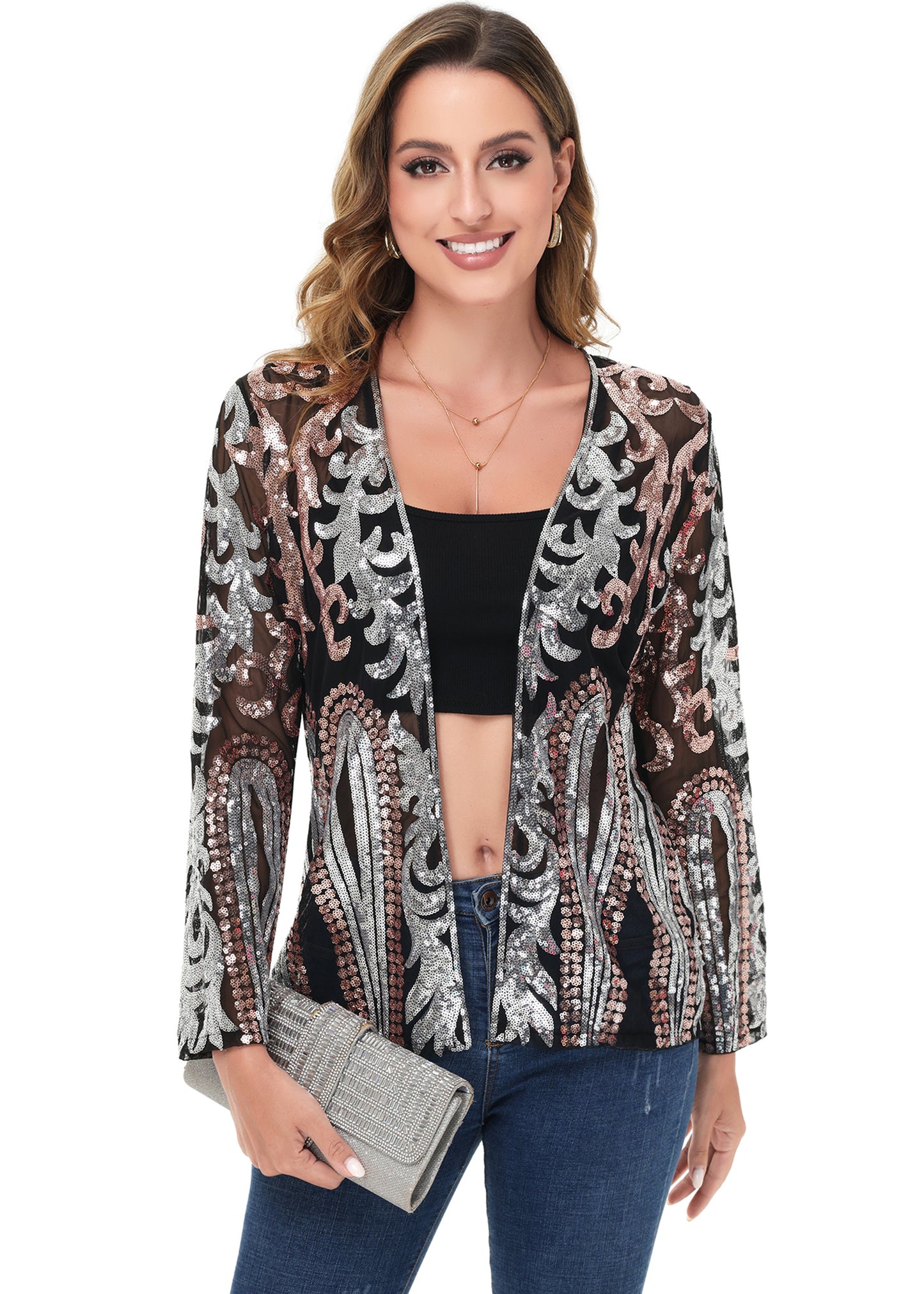 Anna-Kaci Womens Sparkly Sequin Cardigan Long Sleeve Open Front Glitter Party Evening Jacket