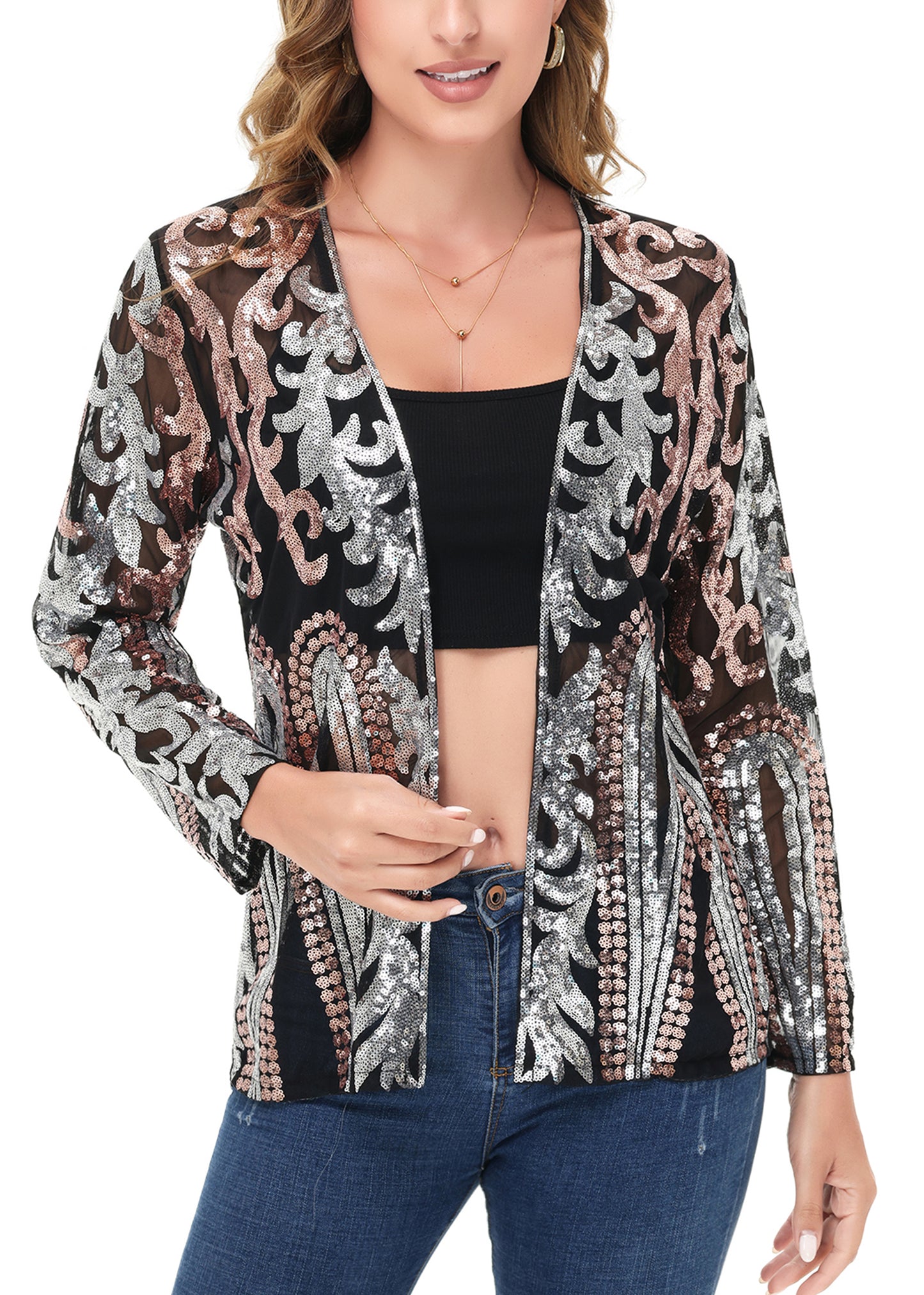 Anna-Kaci Womens Sparkly Sequin Cardigan Long Sleeve Open Front Glitter Party Evening Jacket