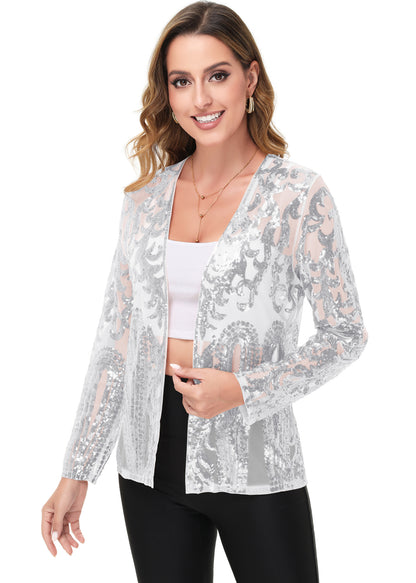 Anna-Kaci Womens Sparkly Sequin Cardigan Long Sleeve Open Front Glitter Party Evening Jacket