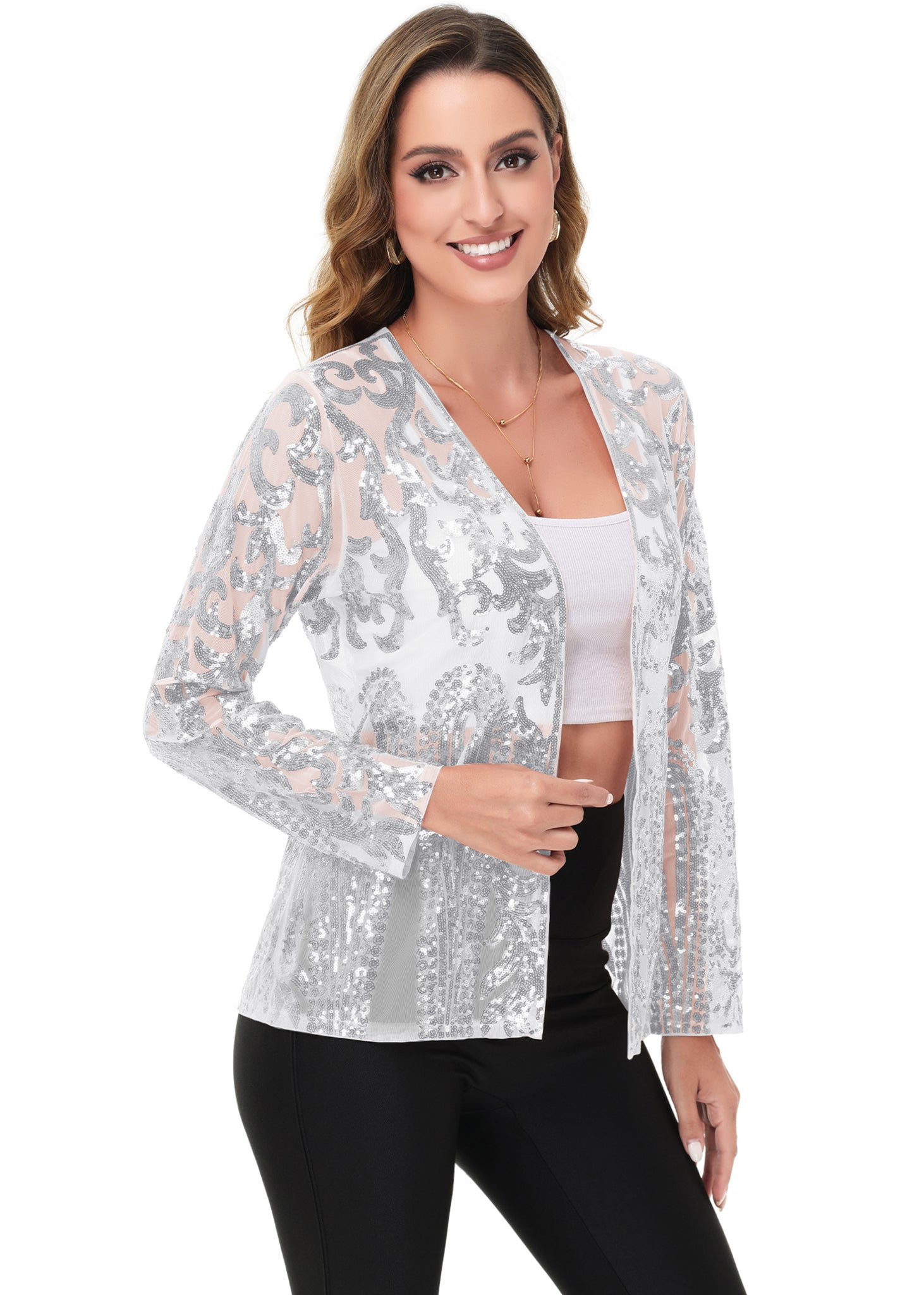 Anna-Kaci Womens Sparkly Sequin Cardigan Long Sleeve Open Front Glitter Party Evening Jacket