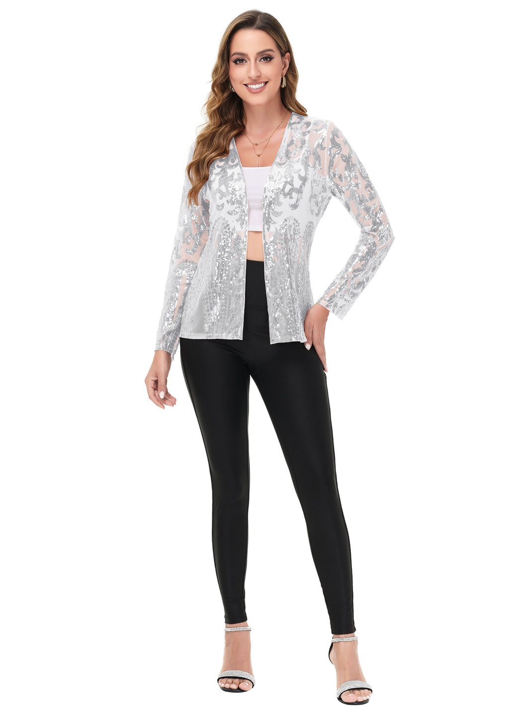 Anna-Kaci Womens Sparkly Sequin Cardigan Long Sleeve Open Front Glitter Party Evening Jacket