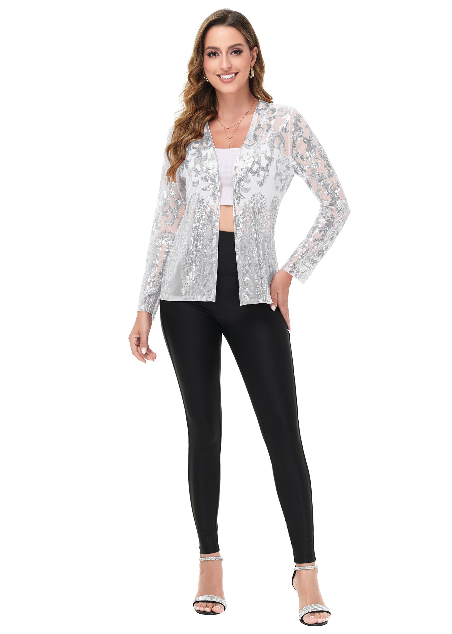 Anna-Kaci Womens Sparkly Sequin Cardigan Long Sleeve Open Front Glitter Party Evening Jacket