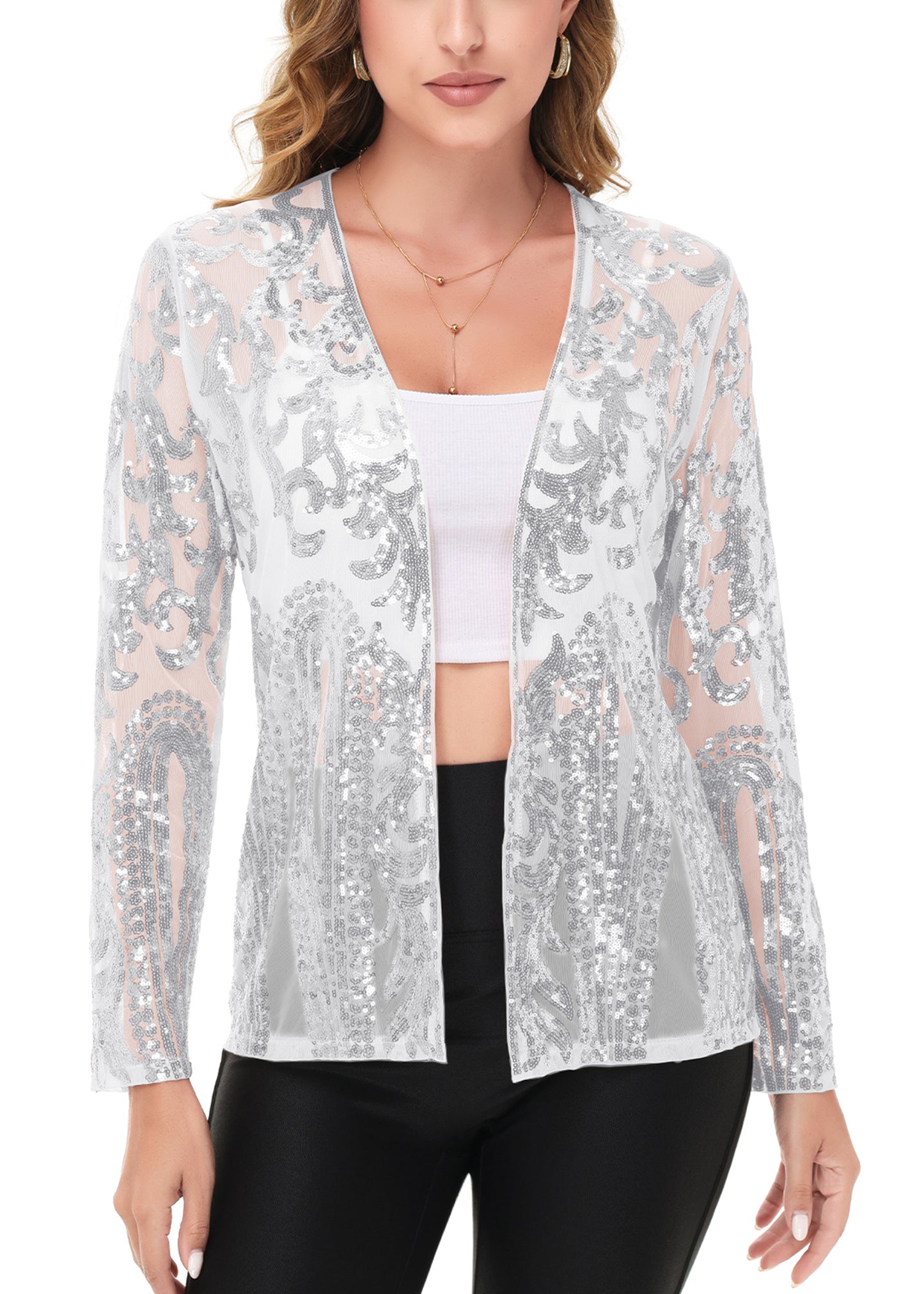 Anna-Kaci Womens Sparkly Sequin Cardigan Long Sleeve Open Front Glitter Party Evening Jacket