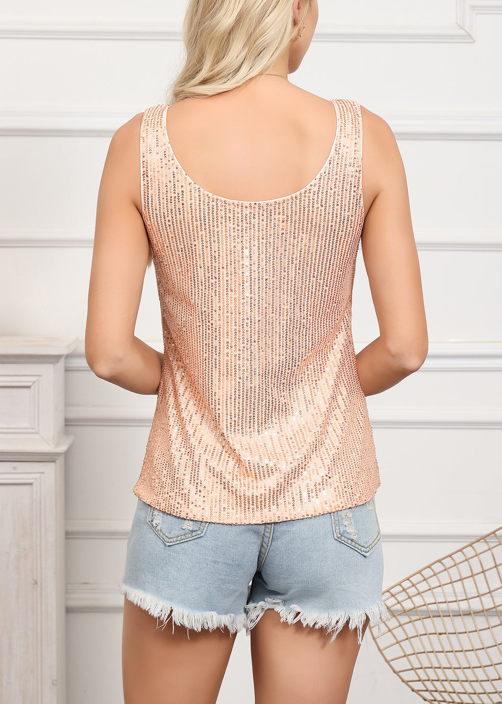 Anna-Kaci Women's Sparkly Sequin Tops Scoop Neck Sleeveless Glitter Shimmer Tank Top Blouses