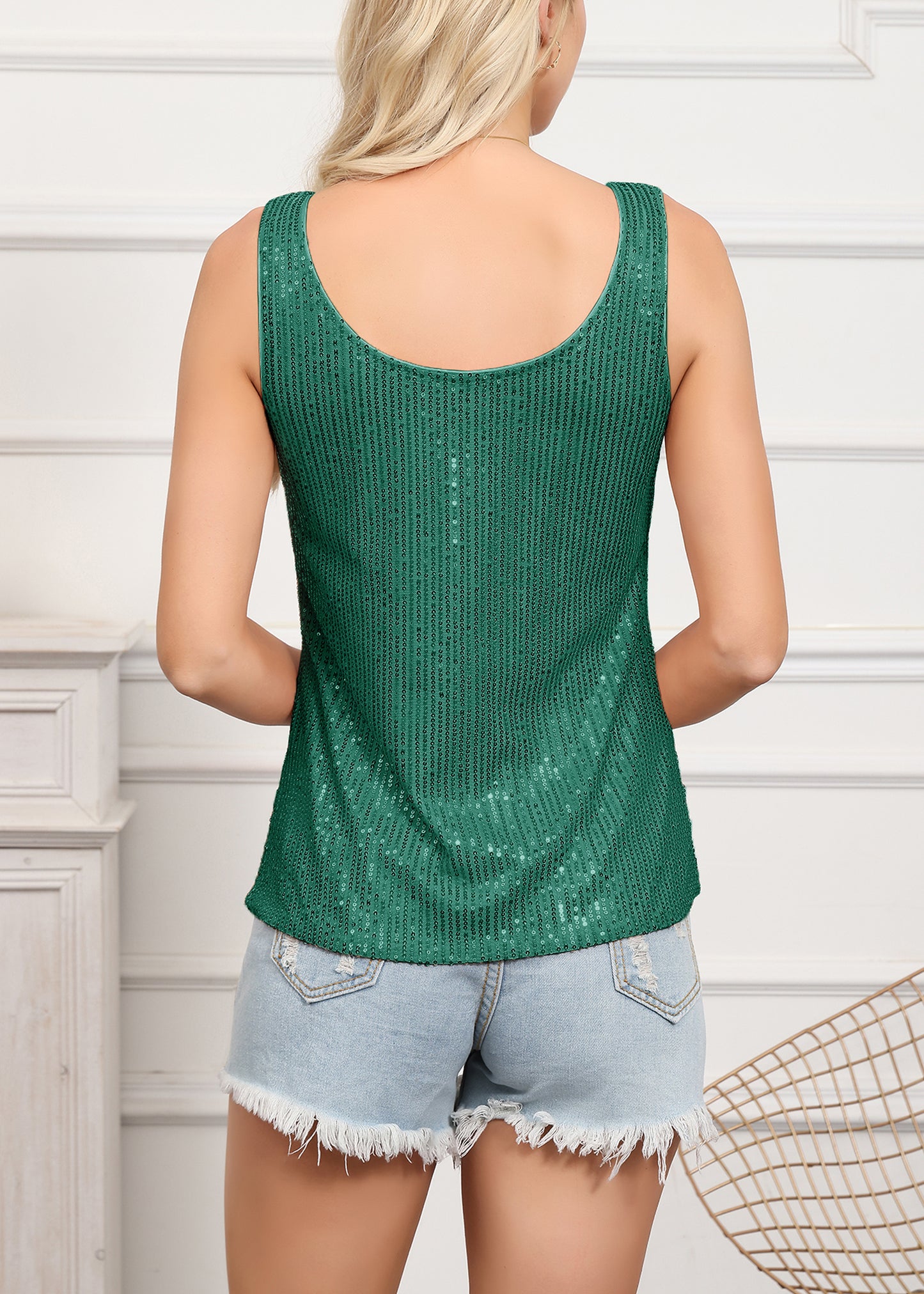 Anna-Kaci Women's Sparkly Sequin Tops Scoop Neck Sleeveless Glitter Shimmer Tank Top Blouses
