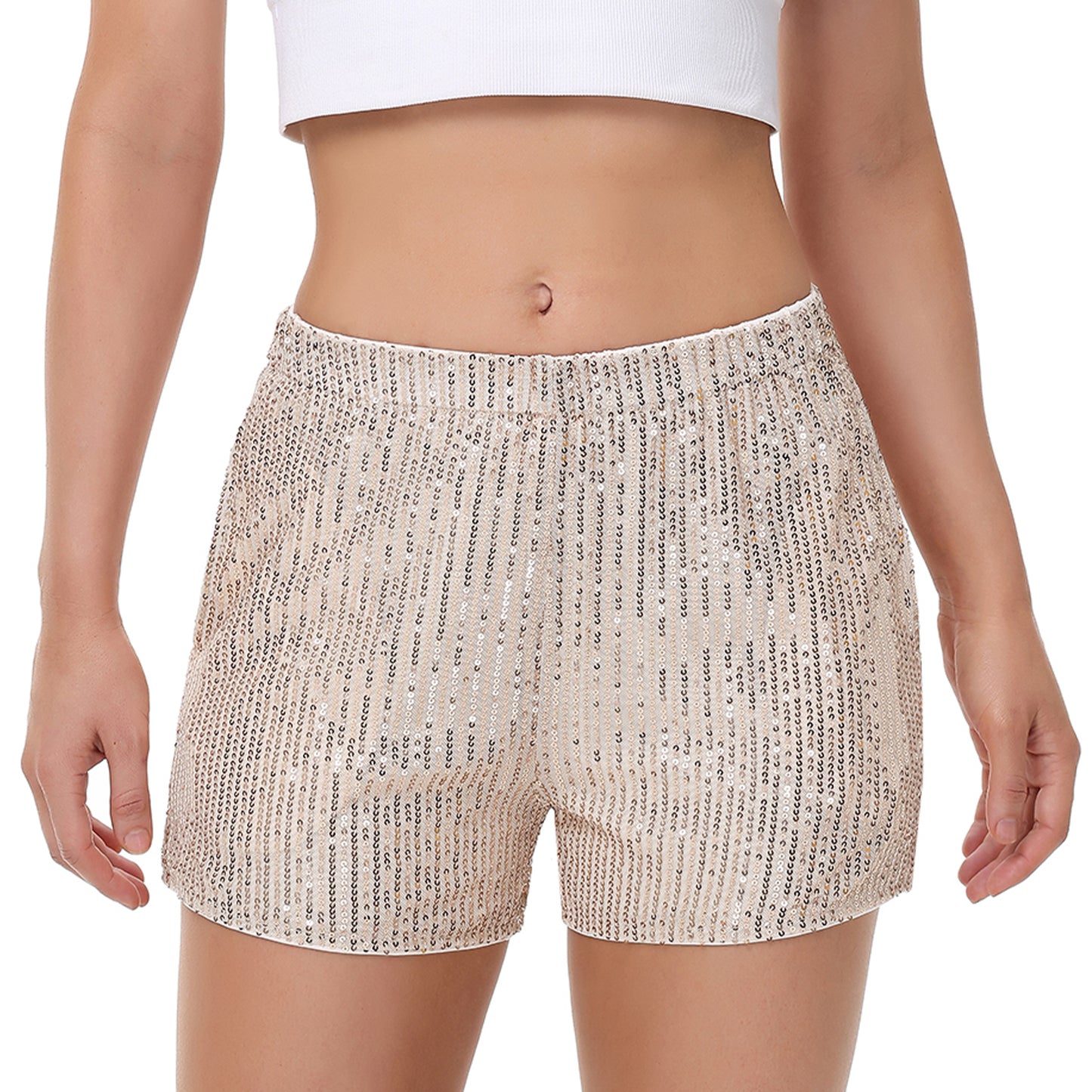 Anna-Kaci Women's Sparkly Sequin Shorts Elastic Waist Summer Straight Leg Glitter Party Shorts