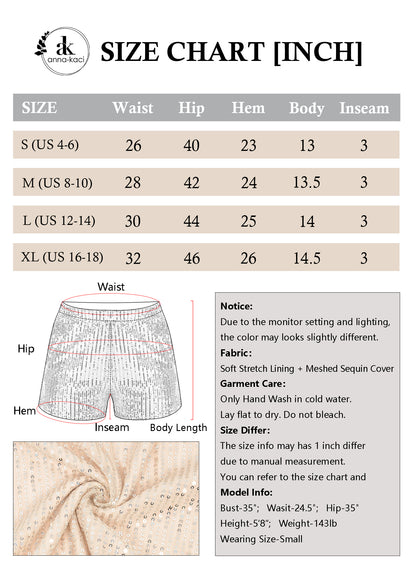 Anna-Kaci Women's Sparkly Sequin Shorts Elastic Waist Summer Straight Leg Glitter Party Shorts