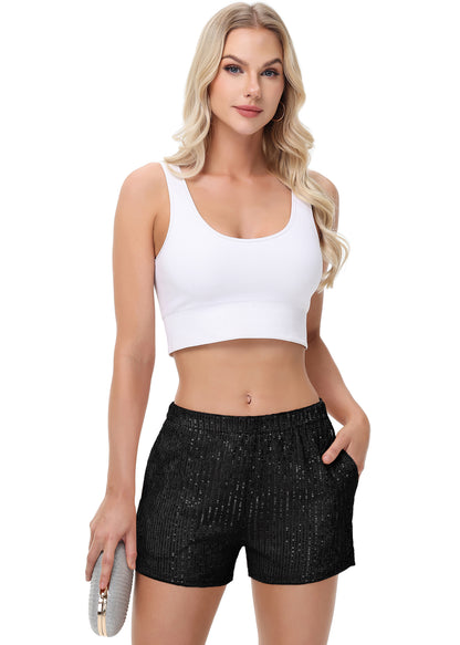 Anna-Kaci Women's Sparkly Sequin Shorts Elastic Waist Summer Straight Leg Glitter Party Shorts