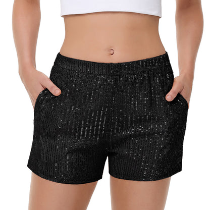 Anna-Kaci Women's Sparkly Sequin Shorts Elastic Waist Summer Straight Leg Glitter Party Shorts