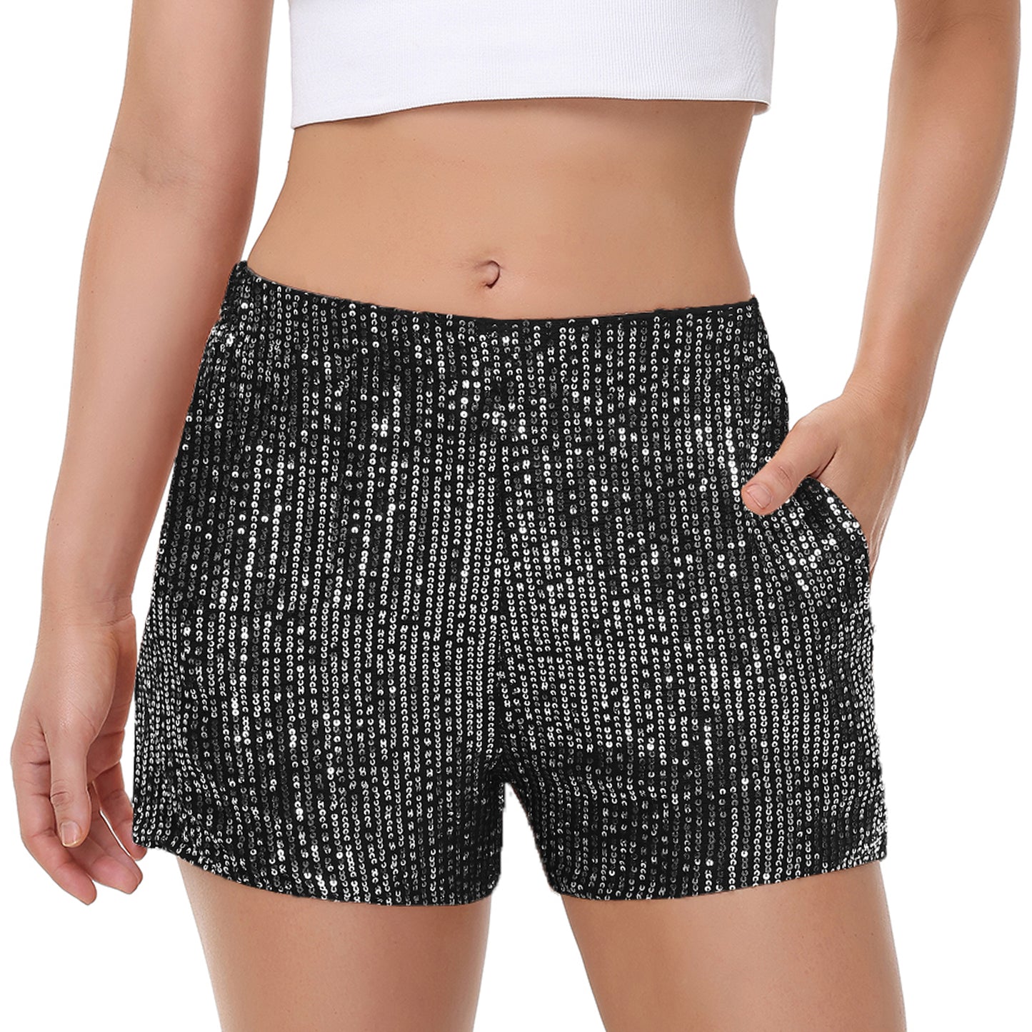 Anna-Kaci Women's Sparkly Sequin Shorts Elastic Waist Summer Straight Leg Glitter Party Shorts