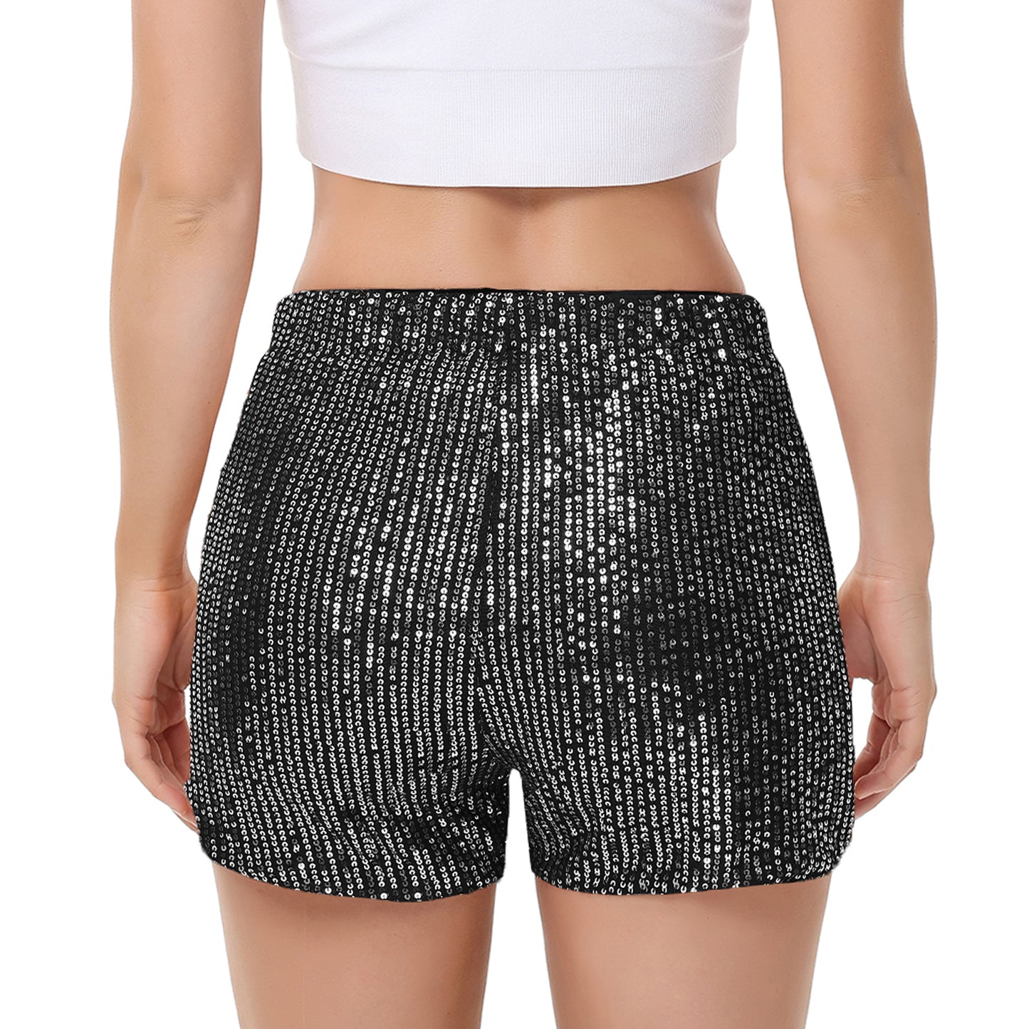 Anna-Kaci Women's Sparkly Sequin Shorts Elastic Waist Summer Straight Leg Glitter Party Shorts