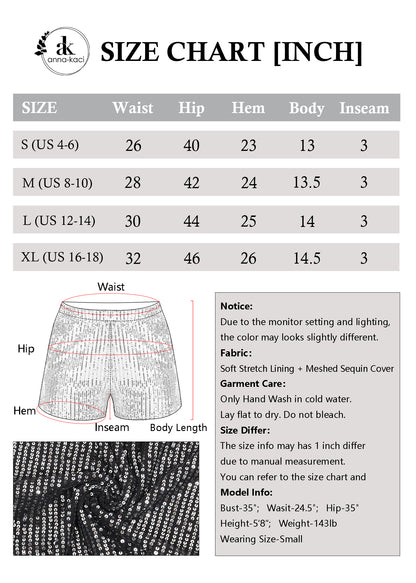 Anna-Kaci Women's Sparkly Sequin Shorts Elastic Waist Summer Straight Leg Glitter Party Shorts