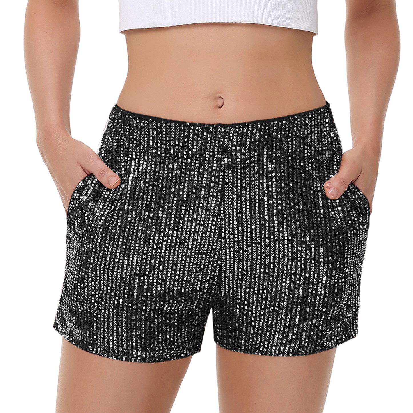 Anna-Kaci Women's Sparkly Sequin Shorts Elastic Waist Summer Straight Leg Glitter Party Shorts