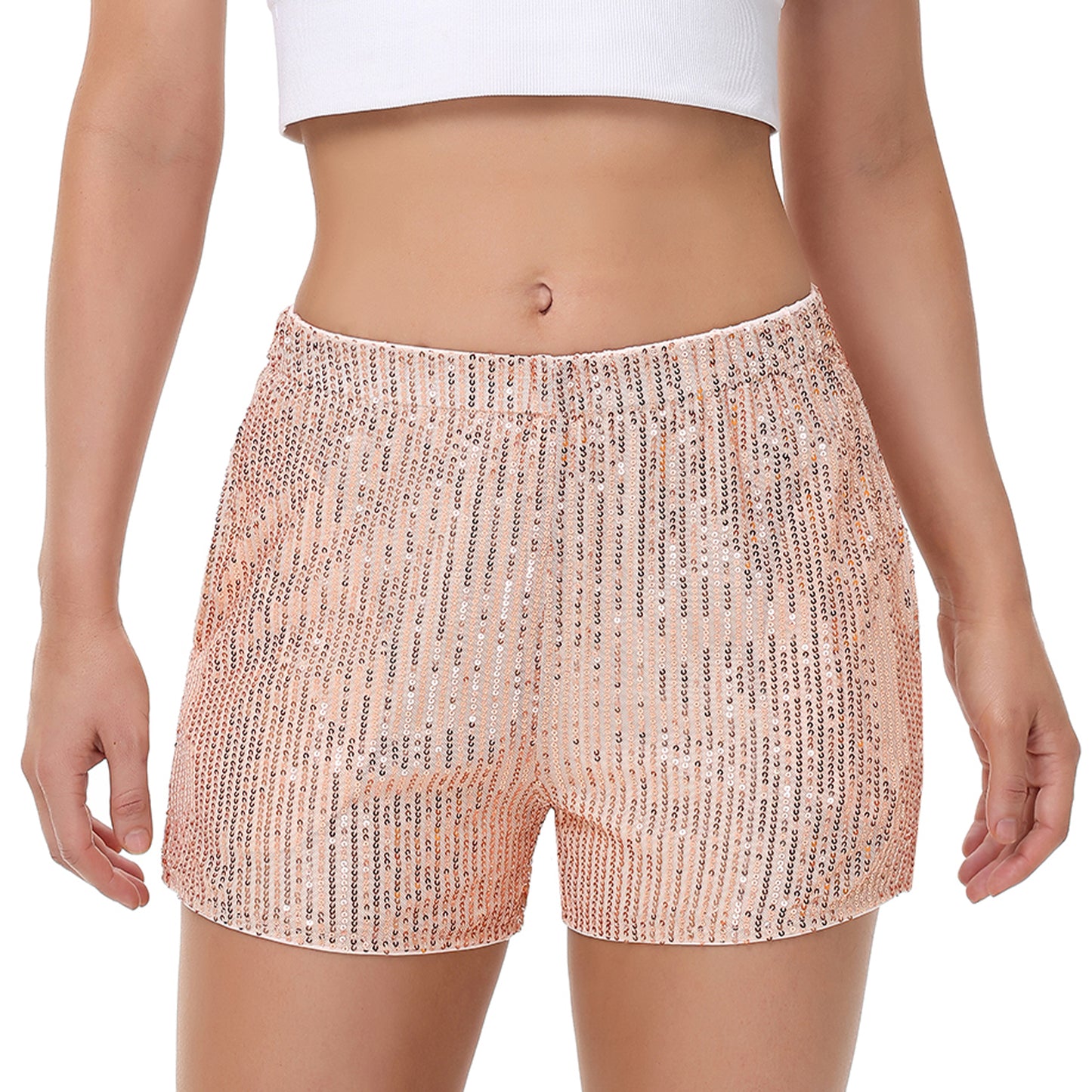 Anna-Kaci Women's Sparkly Sequin Shorts Elastic Waist Summer Straight Leg Glitter Party Shorts