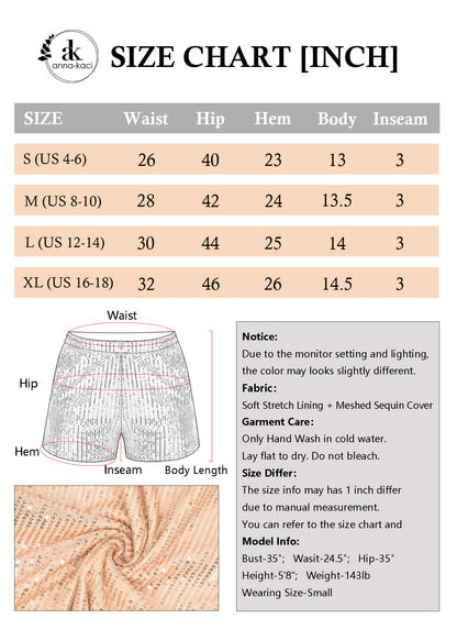 Anna-Kaci Women's Sparkly Sequin Shorts Elastic Waist Summer Straight Leg Glitter Party Shorts