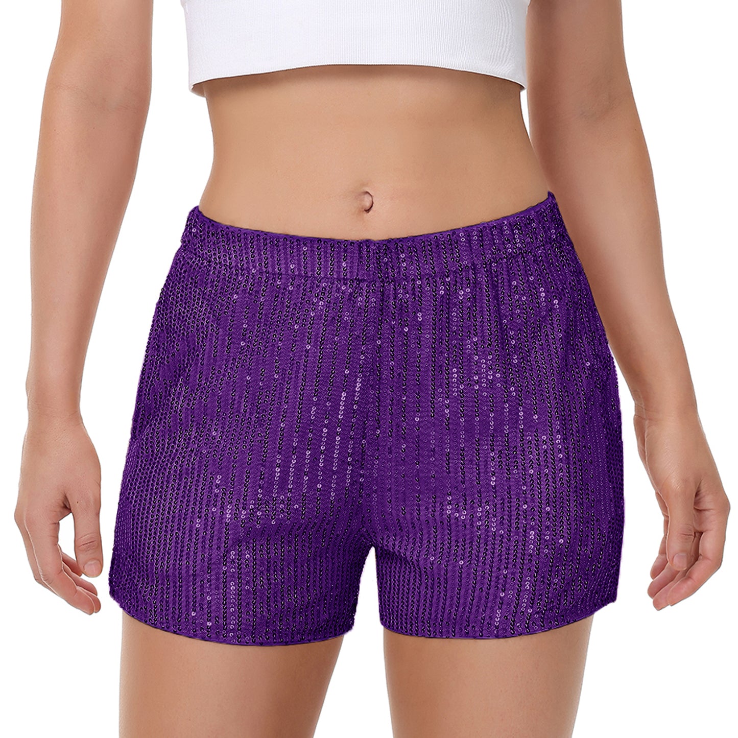 Anna-Kaci Women's Sparkly Sequin Shorts Elastic Waist Summer Straight Leg Glitter Party Shorts