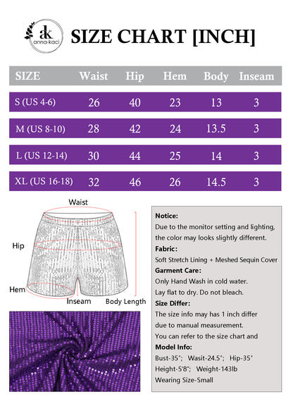 Anna-Kaci Women's Sparkly Sequin Shorts Elastic Waist Summer Straight Leg Glitter Party Shorts