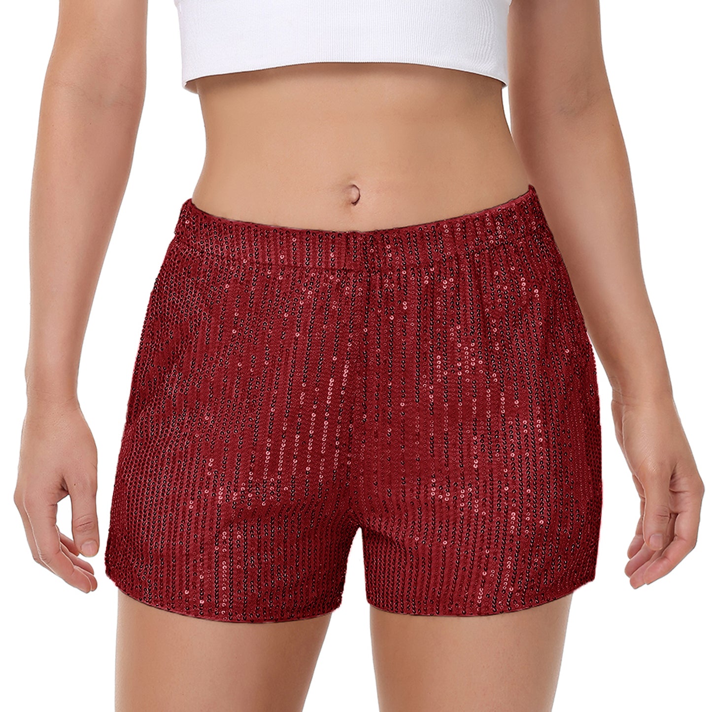 Anna-Kaci Women's Sparkly Sequin Shorts Elastic Waist Summer Straight Leg Glitter Party Shorts
