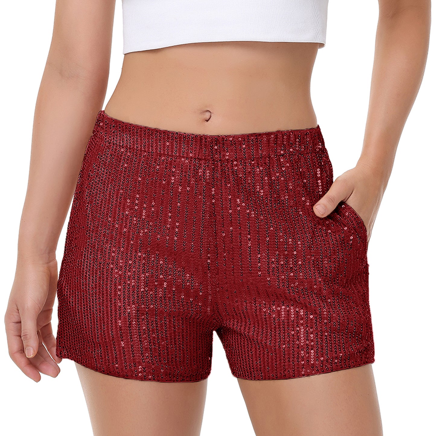 Anna-Kaci Women's Sparkly Sequin Shorts Elastic Waist Summer Straight Leg Glitter Party Shorts