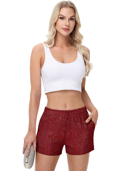 Anna-Kaci Women's Sparkly Sequin Shorts Elastic Waist Summer Straight Leg Glitter Party Shorts