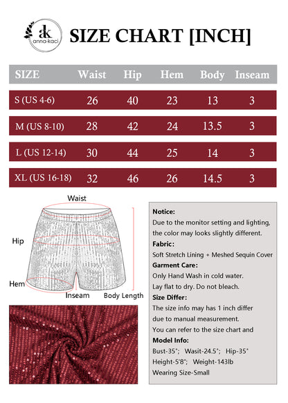 Anna-Kaci Women's Sparkly Sequin Shorts Elastic Waist Summer Straight Leg Glitter Party Shorts