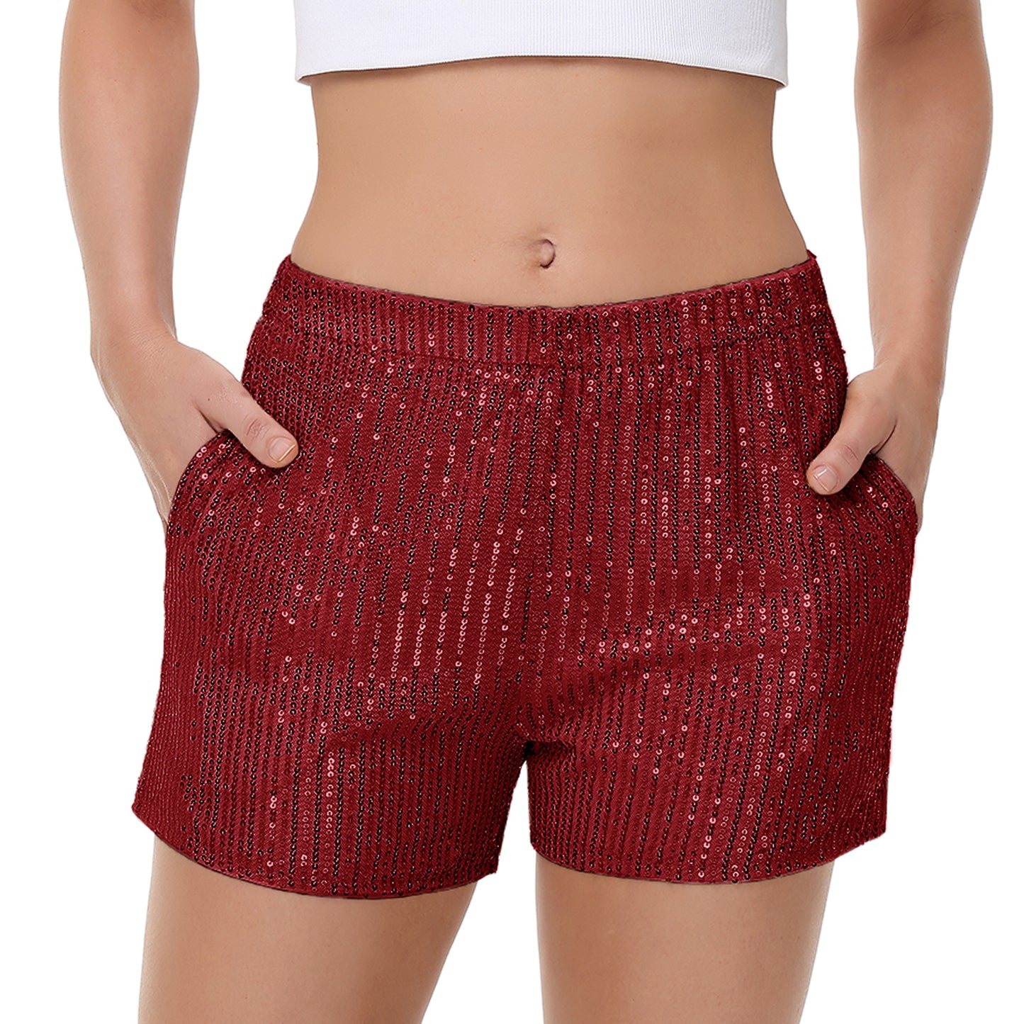 Anna-Kaci Women's Sparkly Sequin Shorts Elastic Waist Summer Straight Leg Glitter Party Shorts